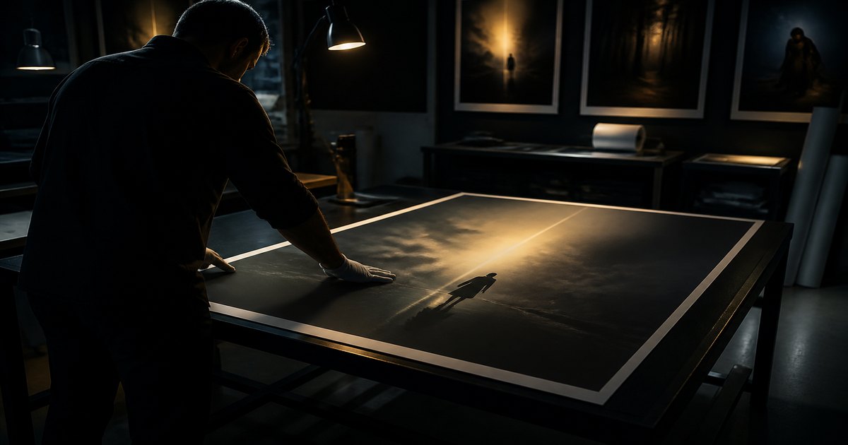 A poster artist reviewing a cinematic key art print